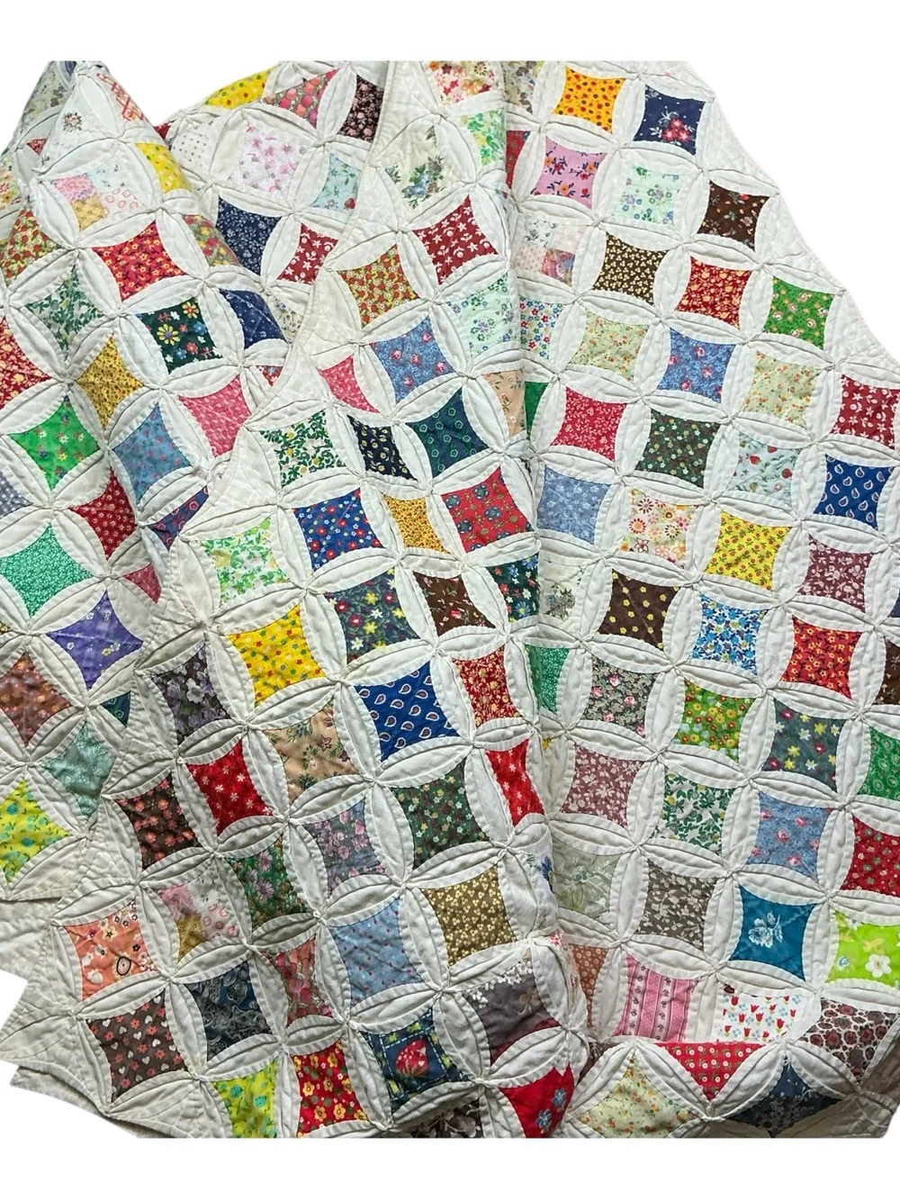 Vintage hand stitched cathedral window multicolored quilt 79 x 97 USA made